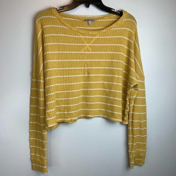 Charlotte Russe Yellow & White Striped Crop Top Long Sleeve Round Neck size L - Picture 8 of 8